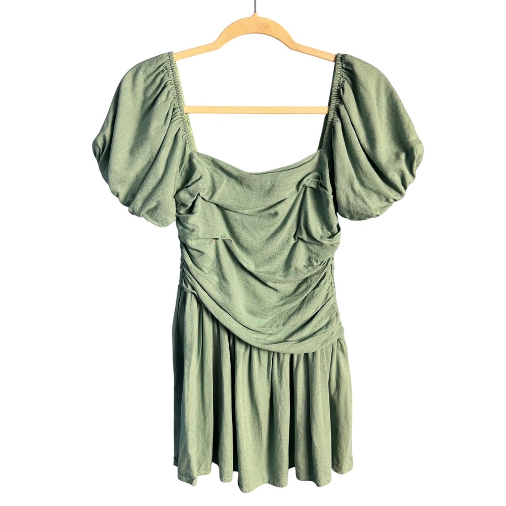 Hello Molly Sage Green‎ Ruched Puff Sleeve Linen Blend Mini Dress US 6 M